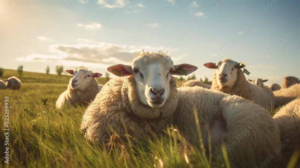 Fototapeta premium A photo of a group of sheep peacefully resting in a pasture