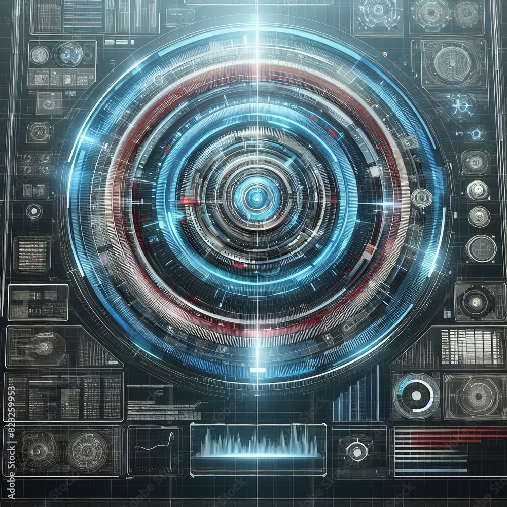 A complex digital interface with concentric circles and numerous data screens, emitting a bright blue central light.. AI Generation A complex digital interface with concentric circles and numerous data screens, emitting a bright blue central light.. AI Generation