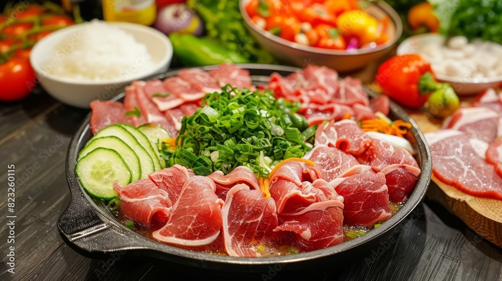 Fresh whole beef and beef slices accompanied by raw rice and fresh vegetables. Fresh whole beef and beef slices accompanied by raw rice and fresh vegetables.