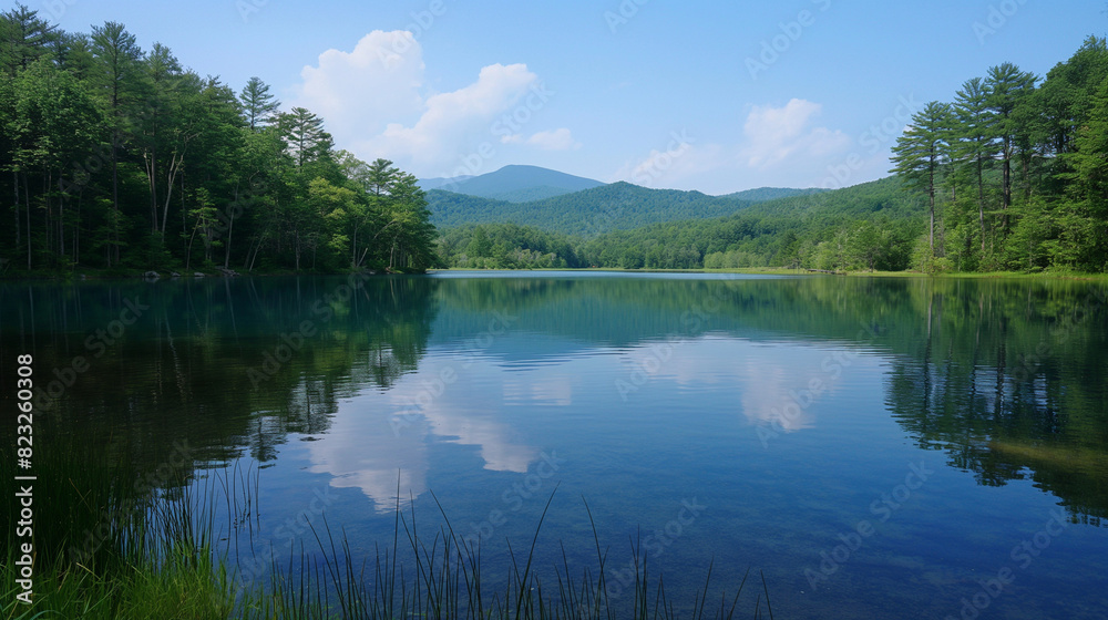 Tranquil lake with a mirror-like reflection of the sky.