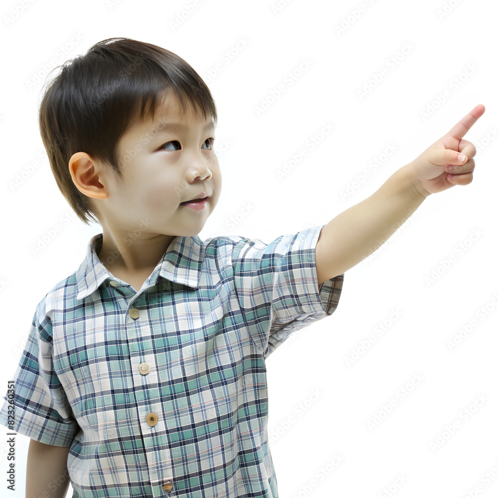 asian child stands sideways and looks to the right and points his finger to the right, on a white background, photo realistic asian child stands sideways and looks to the right and points his finger to the right, on a white background, photo realistic