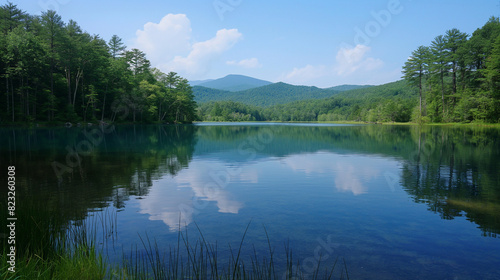 Tranquil lake with a mirror-like reflection of the sky.