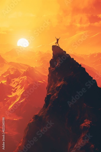 A person shouting hurray at the top of a mountain at sunrise  graphic landscape