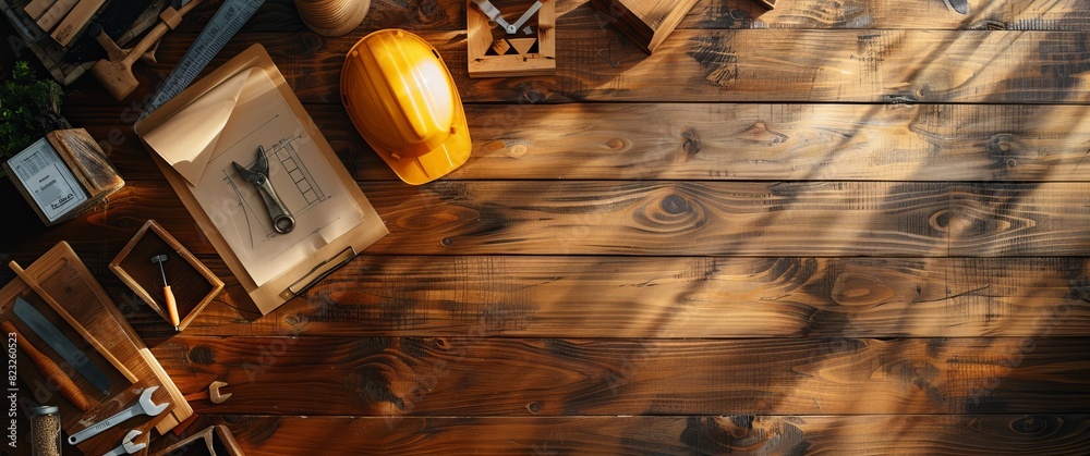Fototapeta premium Top view flat lay of building tools on a wooden table with copy space. The banner design highlights various construction tools, emphasizing craftsmanship and DIY projects.