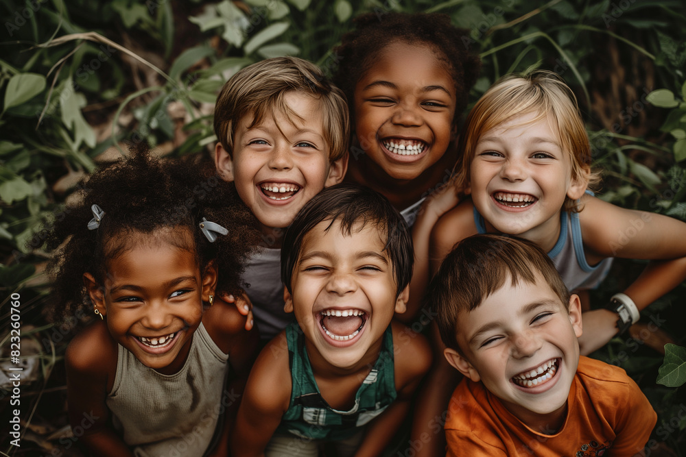 Fototapeta premium A group of children are smiling and hugging each other