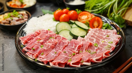 Fresh whole beef and beef slices accompanied by raw rice and fresh vegetables.