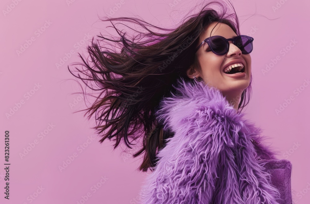 A fashion model wearing sunglasses and a purple fur coat is standing on the right side of the picture, laughing heartily with her hair flying in the wind against a solid color background A fashion model wearing sunglasses and a purple fur coat is standing on the right side of the picture, laughing heartily with her hair flying in the wind against a solid color background