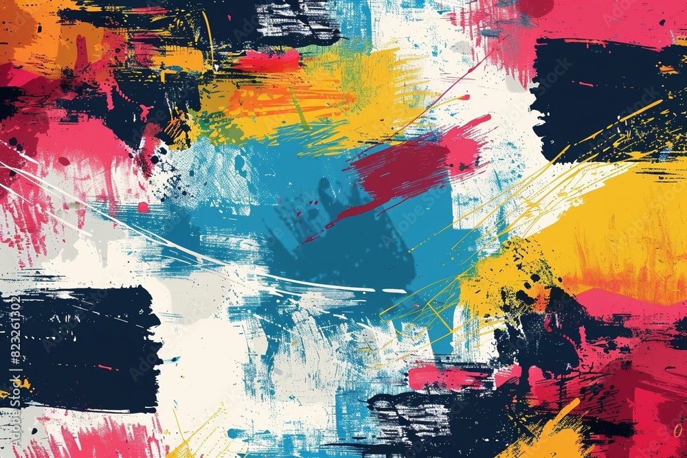 Fototapeta premium Energetic, colorful brush strokes explode across a flat design background, utilizing a bold dark blue and yellow palette with striking high contrast shadows