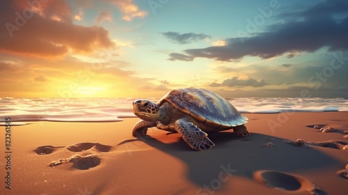 Little sea turtle on the sandy beach in morning time © Dzmitry Halavach