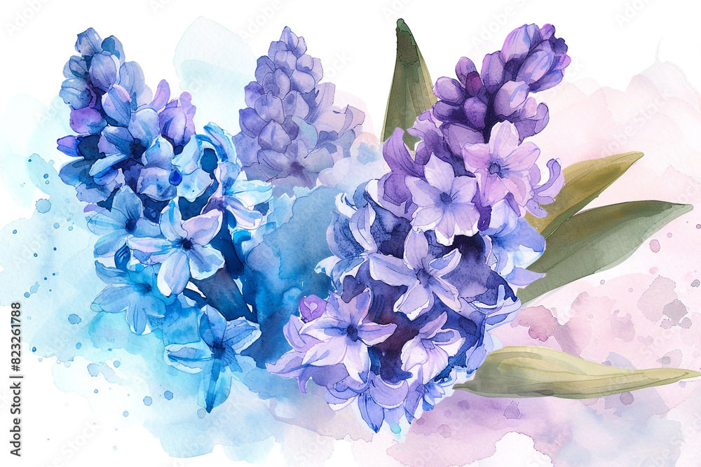 Watercolor hyacinth clipart featuring fragrant blooms in shades of purple and blue 