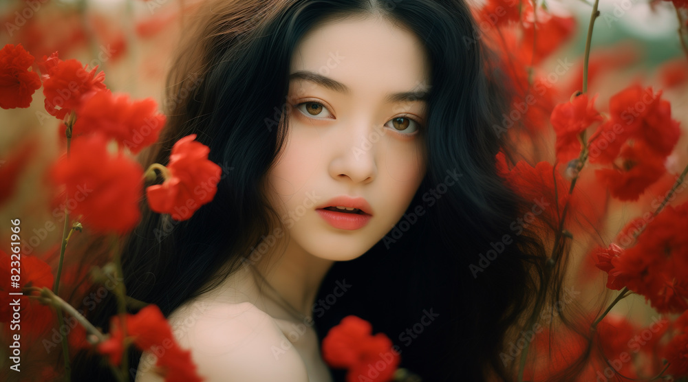 Portrait of a young asian girl with pale skin standing in a field of red flowers. Dream-like and ethereal