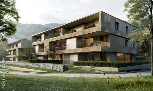 Rectangular forms residential building, Apartments with gardens © piai