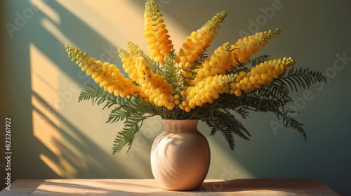 Radiant ravishing fresh mimosa flowers bouquet in the vase