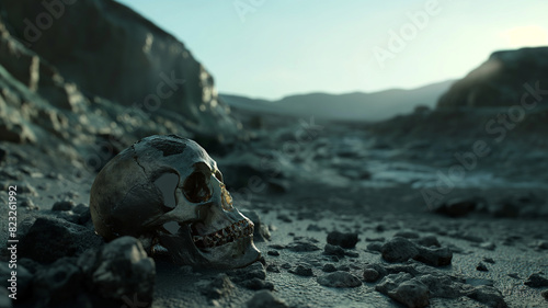 Human skull in valley of death desert. gloomy