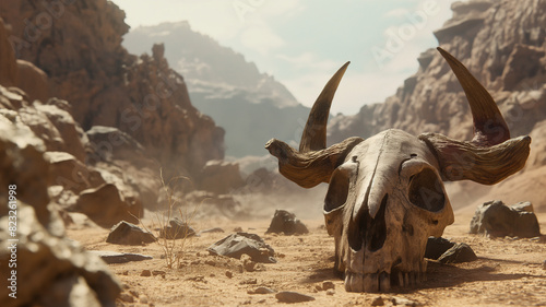 Animal skull with horns in valley of death desert. gloomy