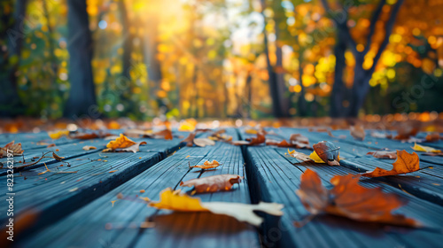 Beautiful colorful natural autumn background. Wooden f