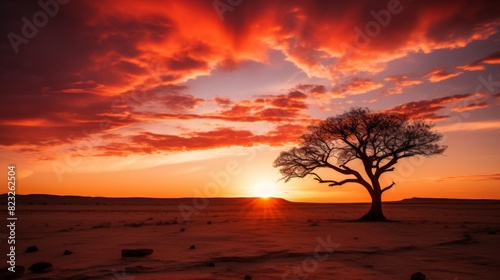 Fiery sun silhouettes lone desert tree. © stocksbyrs