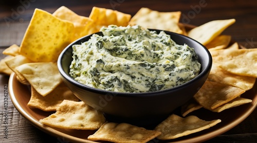 Gooey cheesy spinach artichoke dip served on a plate photo