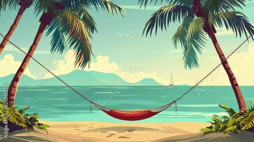 A Tropical Beach With A Hammock Tied Between Two Palm Trees, Cartoon ,Flat color