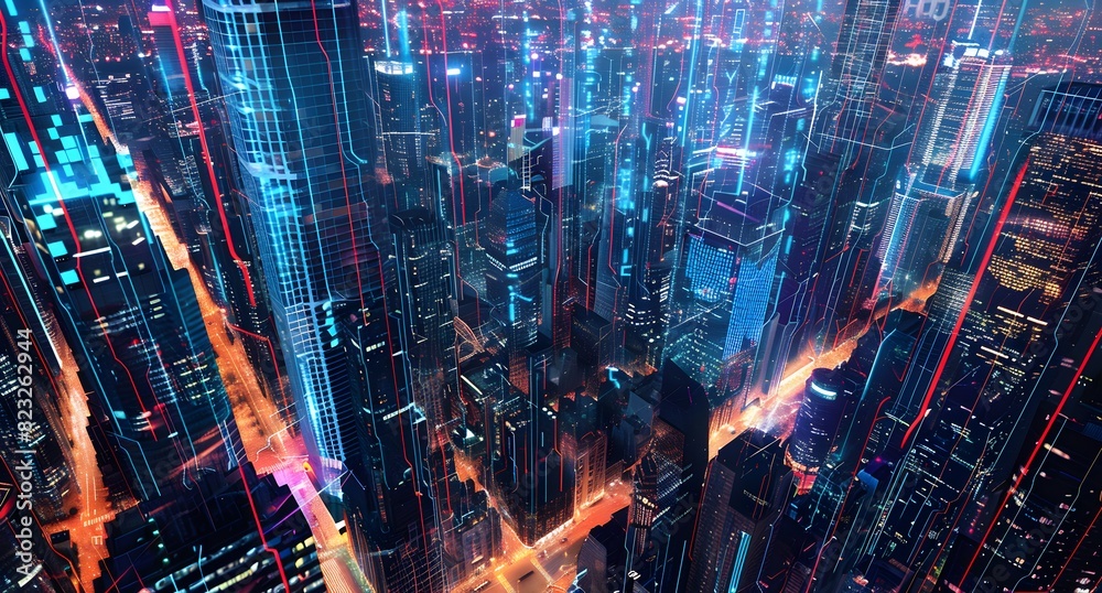 Futuristic Cityscape at Night with Neon Lights and Digital Streams Futuristic Cityscape at Night with Neon Lights and Digital Streams