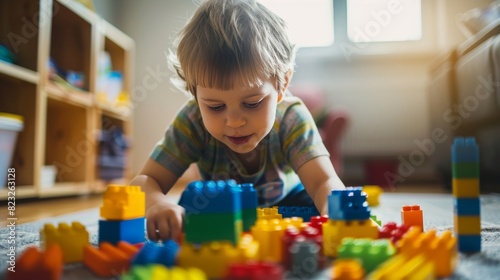 Happy child playing with colorful toy blocks at home, preschooler engaging in creative play