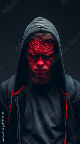 Roter Teufel Dämon mit roten Augen auf schwarzen Hintergrund als Poster photo