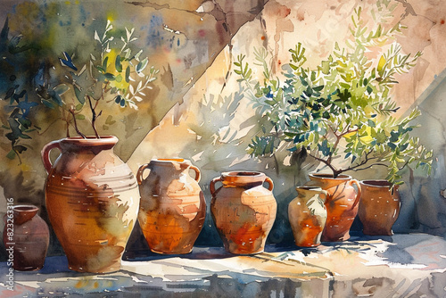 Watercolor of a Mediterranean scene with terracotta jugs and olive trees, great for a kitchen or sunroom, capturing the warmth and traditional lifestyle of southern Europe  photo