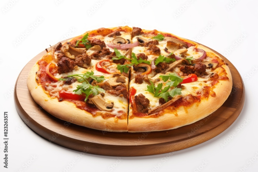 Hearty pizza on a rustic plate against a white background Hearty pizza on a rustic plate against a white background