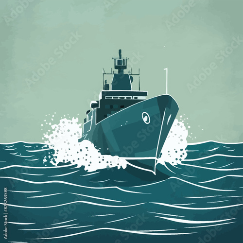 vector scene depicting a naval vessel at sea. a ship cutting through the waves, takes center stage against a serene ocean background.
