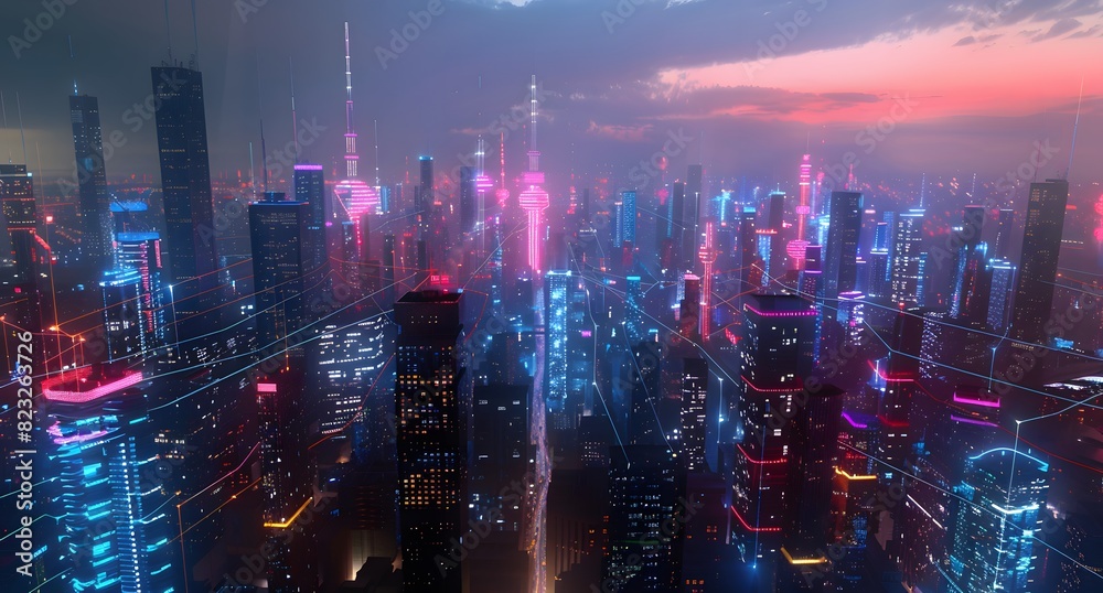 Futuristic Cityscape at Night with Neon Lights and Skyscrapers