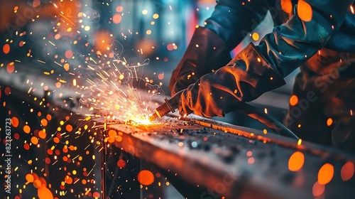 Depict a closeup of a welders hands and welding torch, as they join metal materials with sparks and molten metal visible