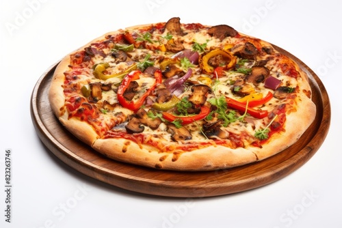 Hearty pizza on a rustic plate against a white background