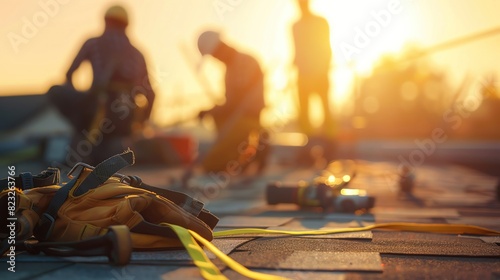 Draw craftsmen working on a roof, blurred in the background, highlighting a closeup of safety gear and equipment laid out on the ground in the foreground photo