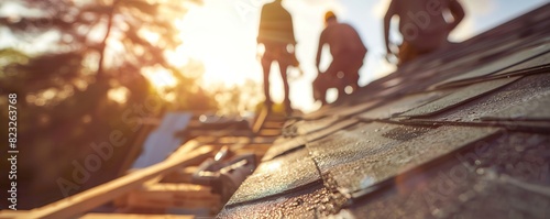 Create an image of craftsmen setting up a roof, blurred in the background, with the focus on a pile of roofing materials and tools in the foreground photo