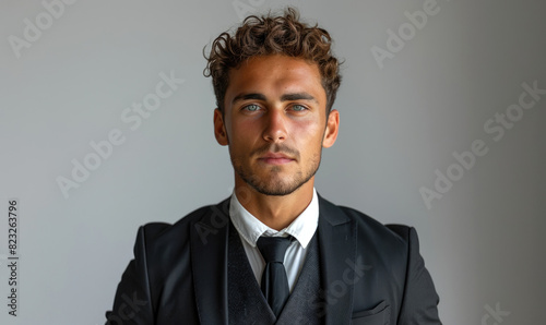 A young, good looking, handsome man wearing black suit and black vest