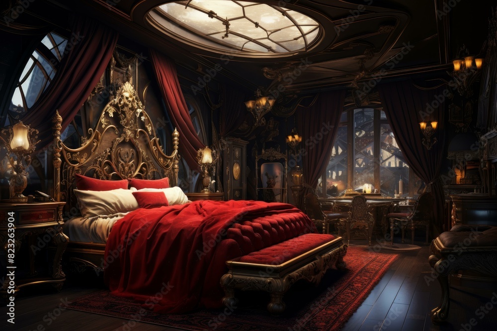 Elegant gothic style bedroom with opulent red bedding and dark wood furniture illuminated by soft light