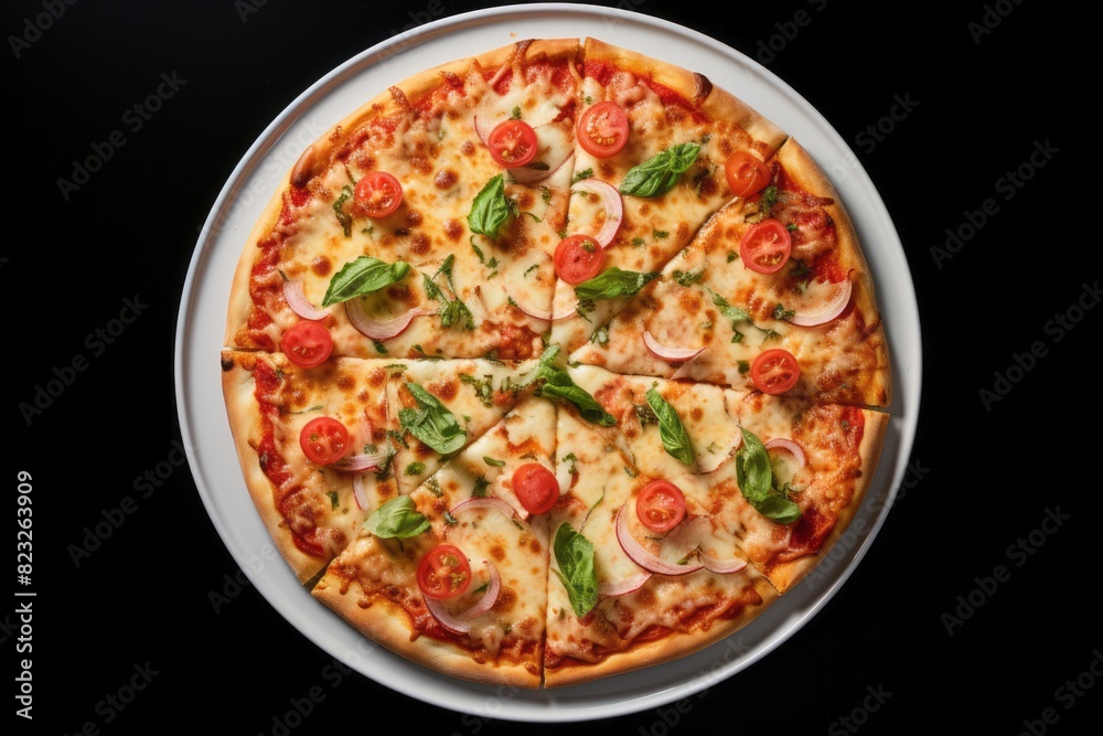 Tasty pizza on a porcelain platter against a white background Tasty pizza on a porcelain platter against a white background