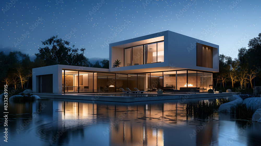 3d rendering of modern cozy house with pool and parking for in luxurious style and beautiful landscaping on background, Clear summer, business background
3d rendering of modern cozy house with pool and parking for in luxurious style and beautiful landscaping on background, Clear summer, business background