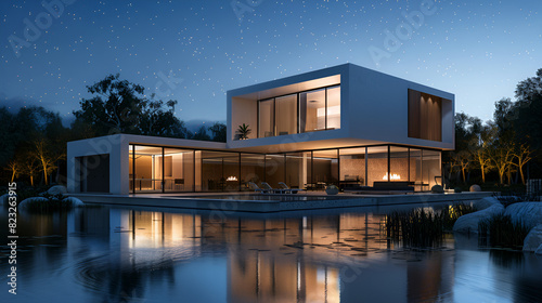 3d rendering of modern cozy house with pool and parking for in luxurious style and beautiful landscaping on background, Clear summer, business background
