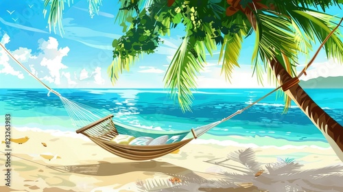 A Tropical Beach With Clear Blue Water And A Hammock Under A Palm Tree, Cartoon ,Flat color