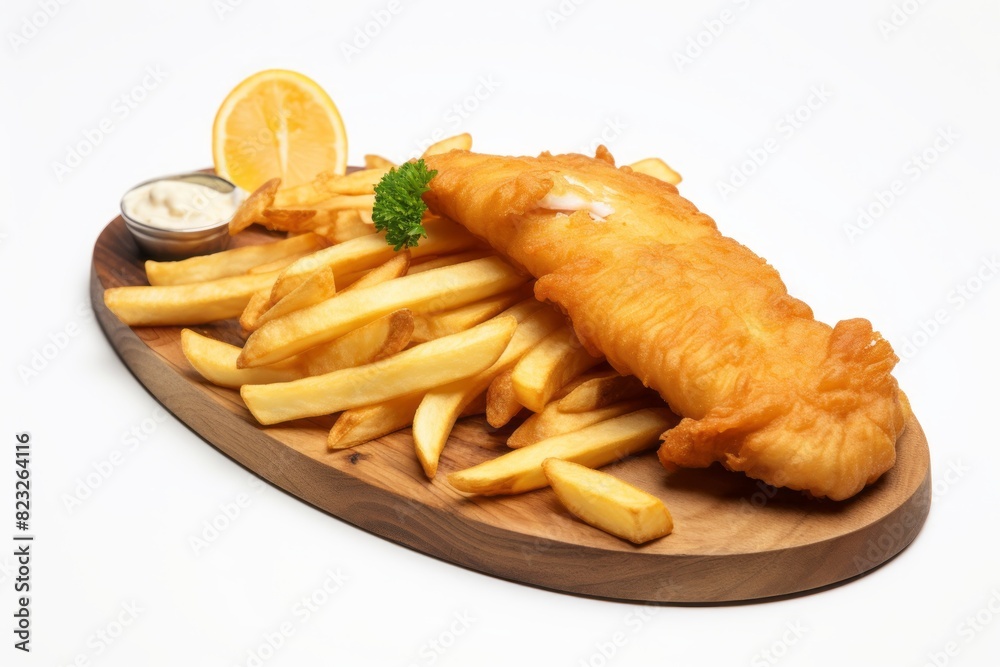Exquisite fish and chips on a rustic plate against a white background Exquisite fish and chips on a rustic plate against a white background
