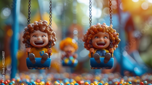 3D realistic cartoon children swinging on swings and smiling, enjoying the carefree moments of playground fun
