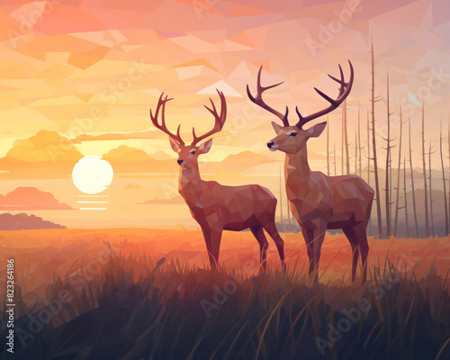 Low poly artwork of two majestic deer standing in a serene landscape during sunset, golden glow at dusk, showcasing the beauty of nature and wildlife.