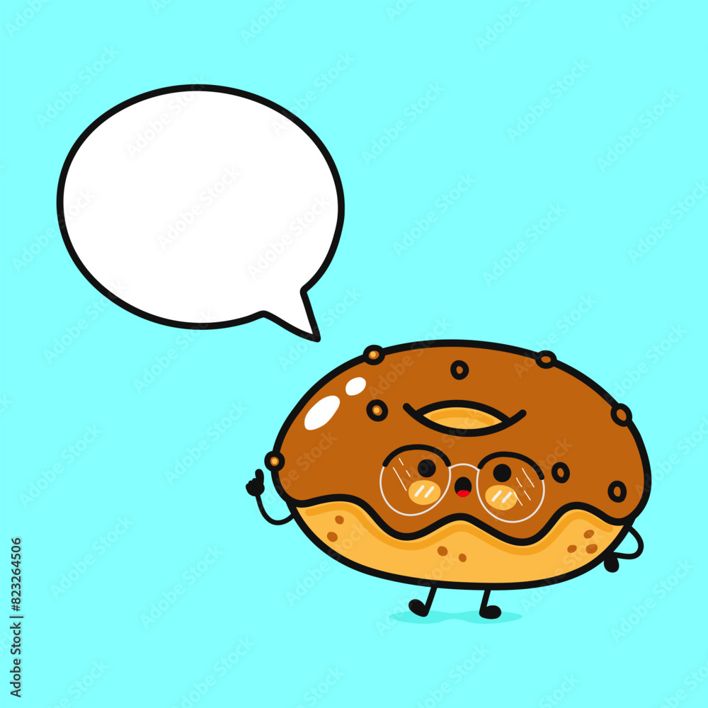 Chocolate Donut with speech bubble. Vector hand drawn cartoon kawaii character illustration icon. Isolated on blue background. Chocolate Donut character concept Chocolate Donut with speech bubble. Vector hand drawn cartoon kawaii character illustration icon. Isolated on blue background. Chocolate Donut character concept