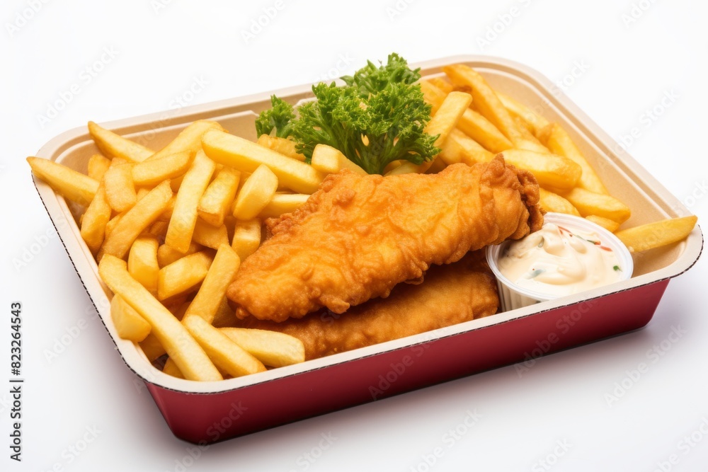 Hearty fish and chips in a bento box against a white background Hearty fish and chips in a bento box against a white background