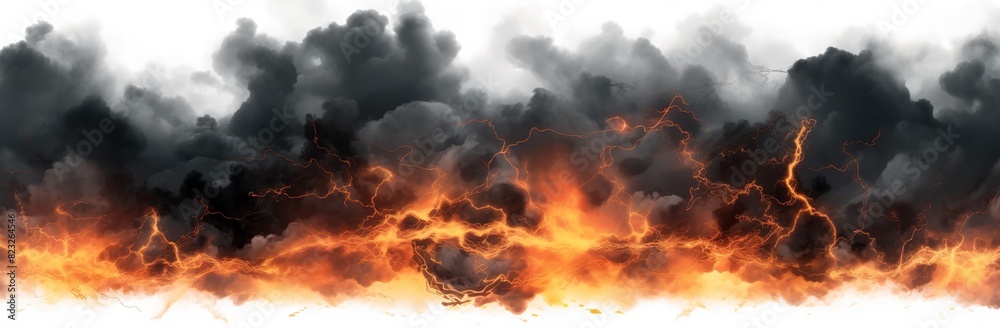 Black storm clouds with lightnings and smoke isolated on transparent ...