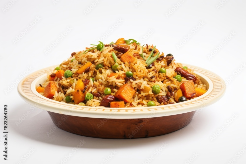 Refined fried rice on a porcelain platter against a white background Refined fried rice on a porcelain platter against a white background