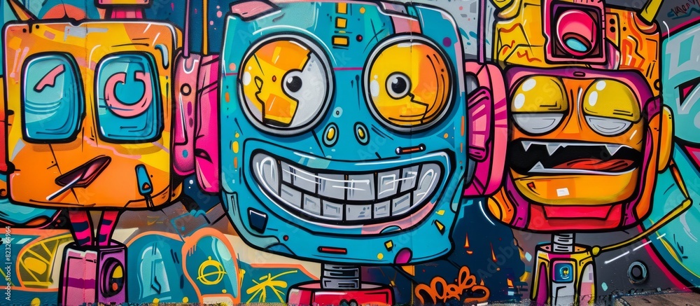 Graffiti on the walls cartoon designs, funny faces obsolete robots.