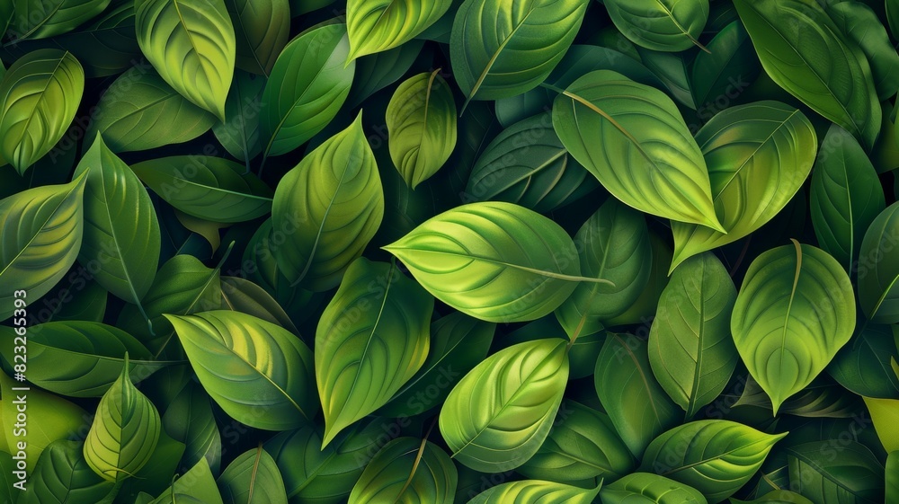 Vibrant leaves in green tones fill the frame