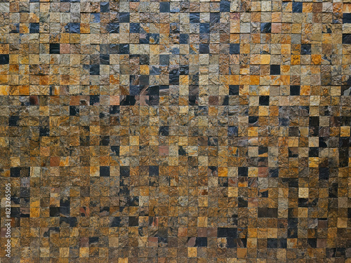 Real brown rock stone wall design background texture tile with mosaic technique in square strong decoration build